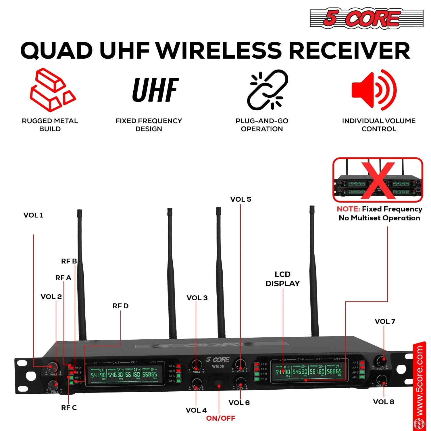 5Core Wireless Microphones 8 Channel Karaoke Professional UHF Singing Mic System Cordless Microfonos