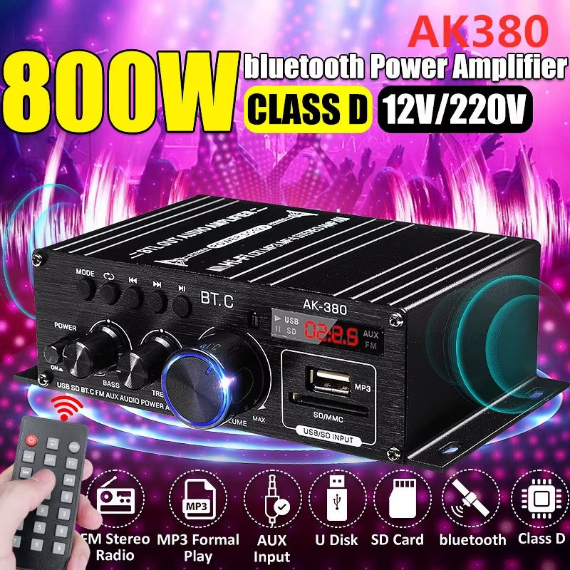 AK380/AK370/AK170 Power Amplifier Audio Karaoke Home Theater Amplifier 2 Channel Bluetooth Class D Amplifier USB/SD AUX Input