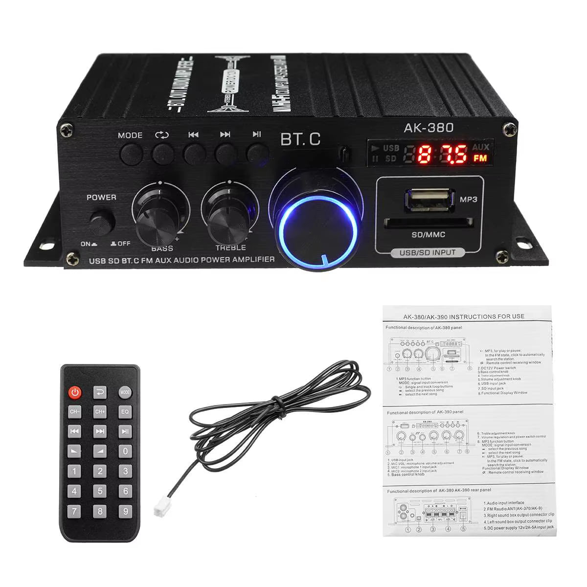 AK380/AK370/AK170 Power Amplifier Audio Karaoke Home Theater Amplifier 2 Channel Bluetooth Class D Amplifier USB/SD AUX Input