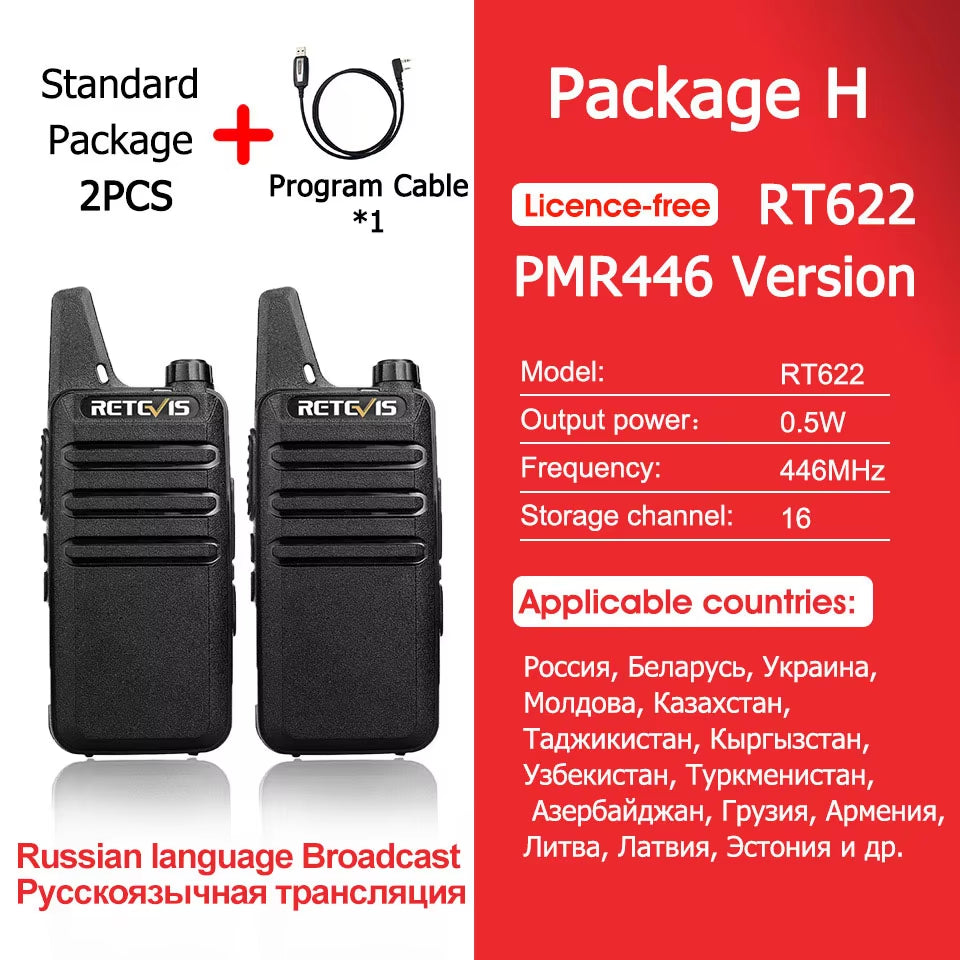 2 Pcs Mini Walkie Talkie PMR 446 Portable Two-Way Radio Ht PTT Walkie-Talkies RT622 Portable Radio for Hunting Cafe RT22