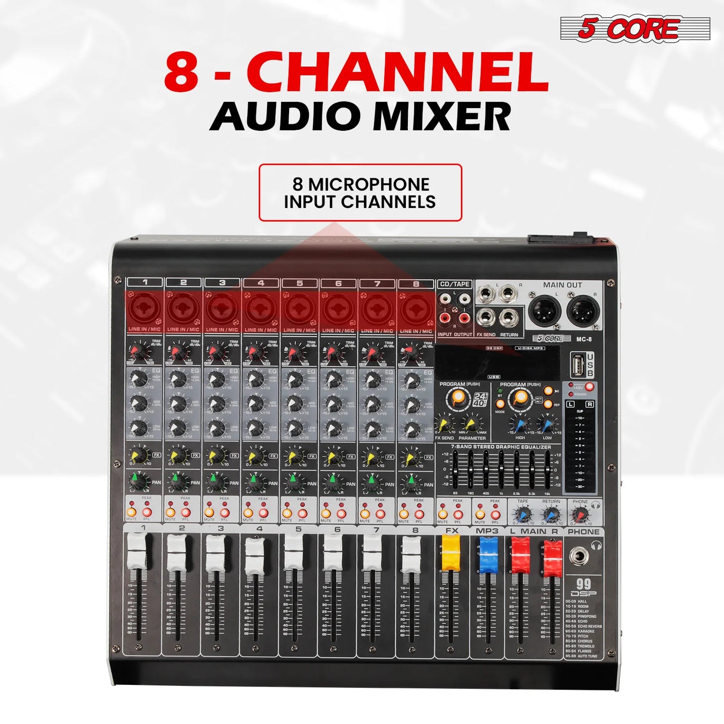 5 Core Audio Mixer 8 Channel DJ Equipment with Bluetooth USB Console Sound Board