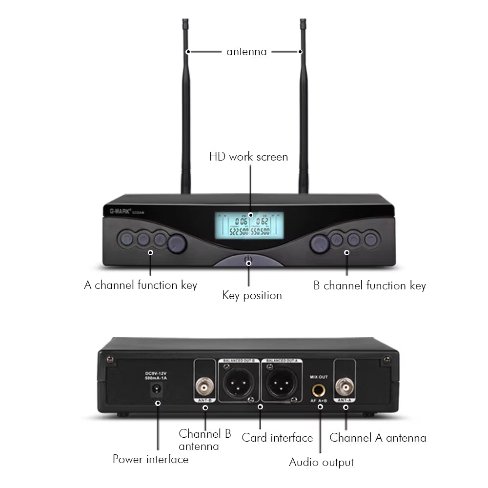 Wireless Microphone  G320AM UHF 2 Channels Karaoke Handheld Frequency Adjustable for Party Stage Show 50M Use Distance