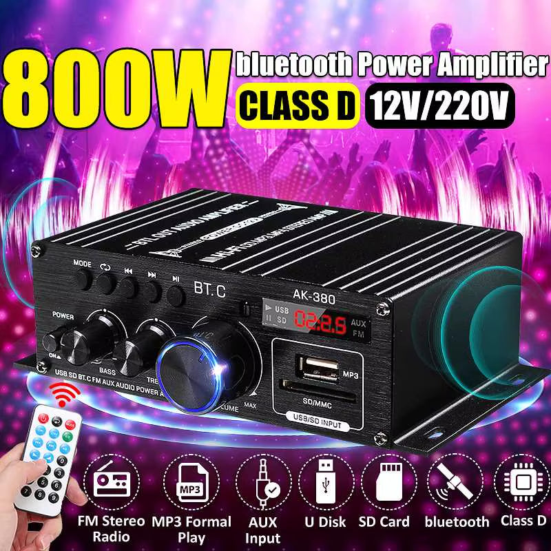 AK380/AK370/AK170 Power Amplifier Audio Karaoke Home Theater Amplifier 2 Channel Bluetooth Class D Amplifier USB/SD AUX Input