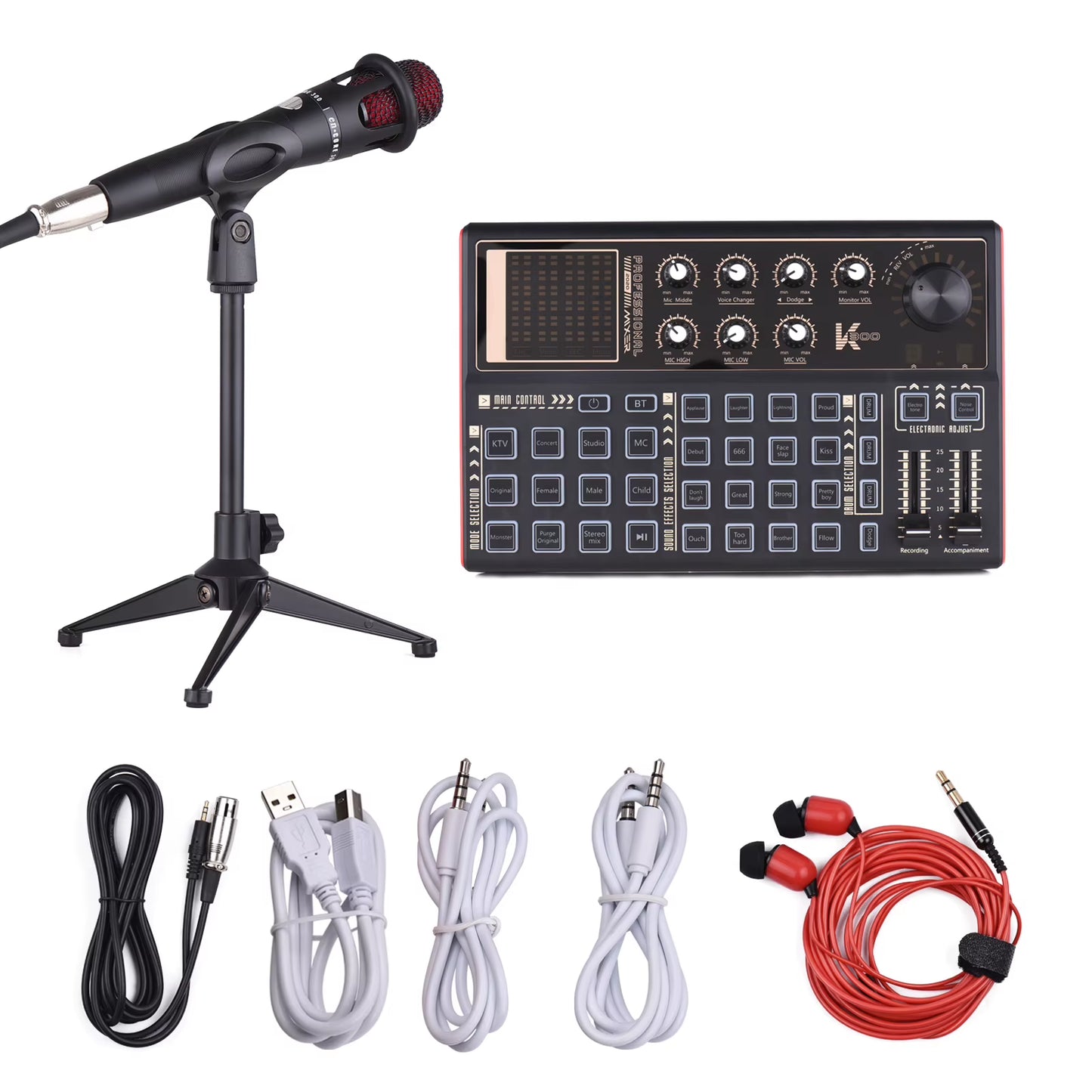 Ammooon K300 Live Sound Card External Voice Changer Audio Mixer Kit Built-In Rechargeable Battery Multiple Sound Effects