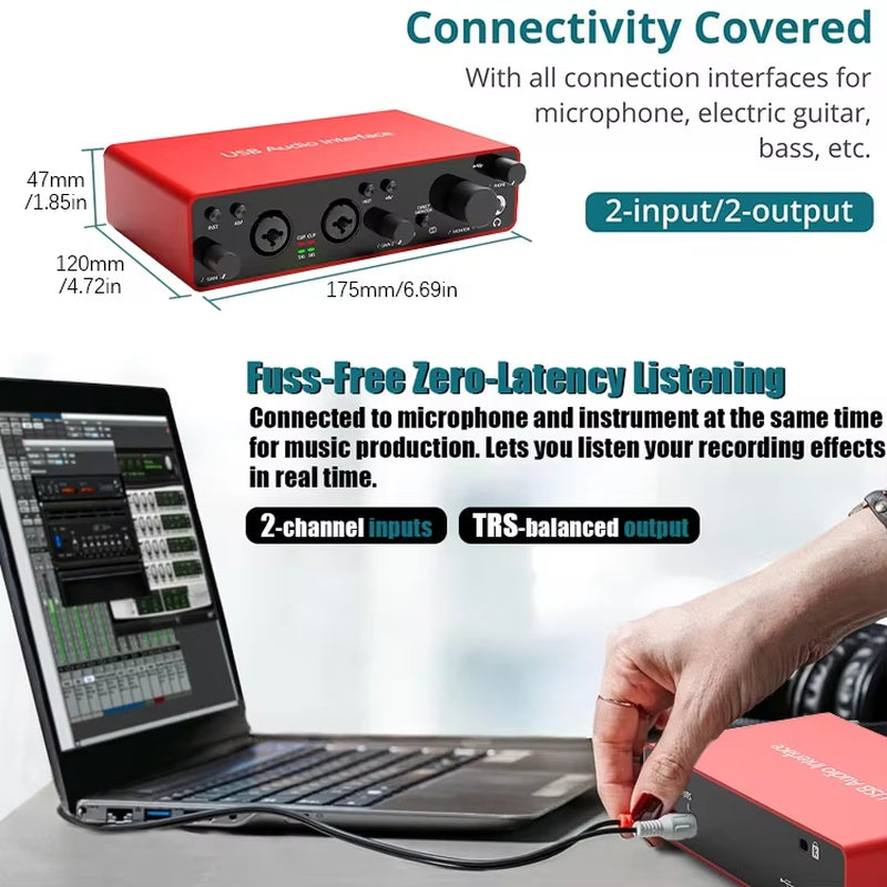 High Quality Support 48V Phantom Power Microphone Studio Sound Card Price Usb M Audio Interface