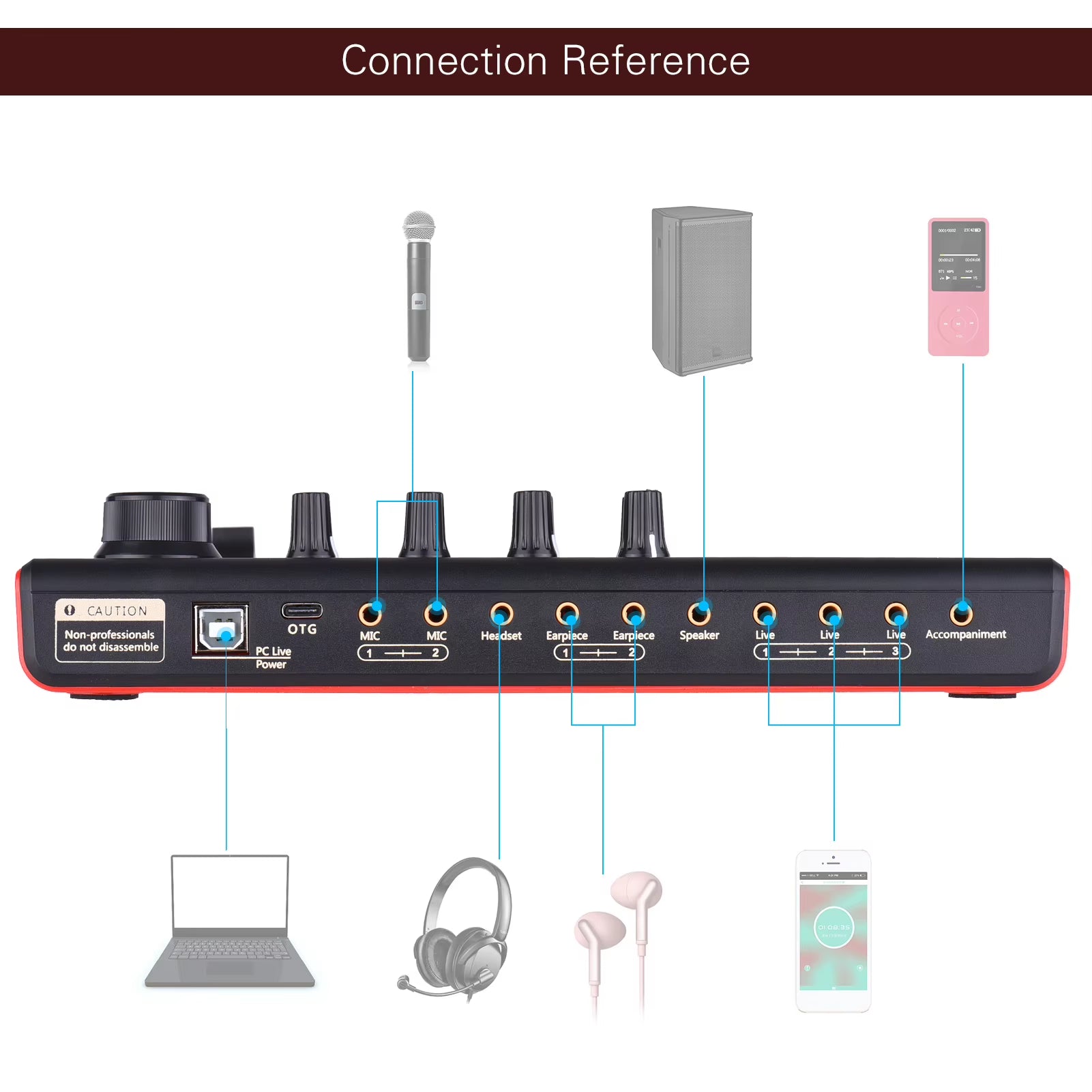 Ammooon K300 Live Sound Card External Voice Changer Audio Mixer Kit Built-In Rechargeable Battery Multiple Sound Effects