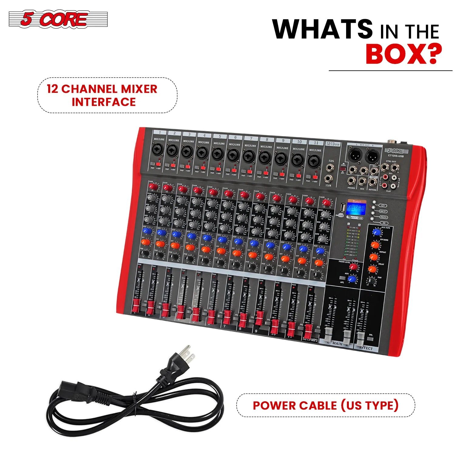 5 Core Audio Mixer 12 Channel DJ Equipment with Bluetooth USB Sound Board Console