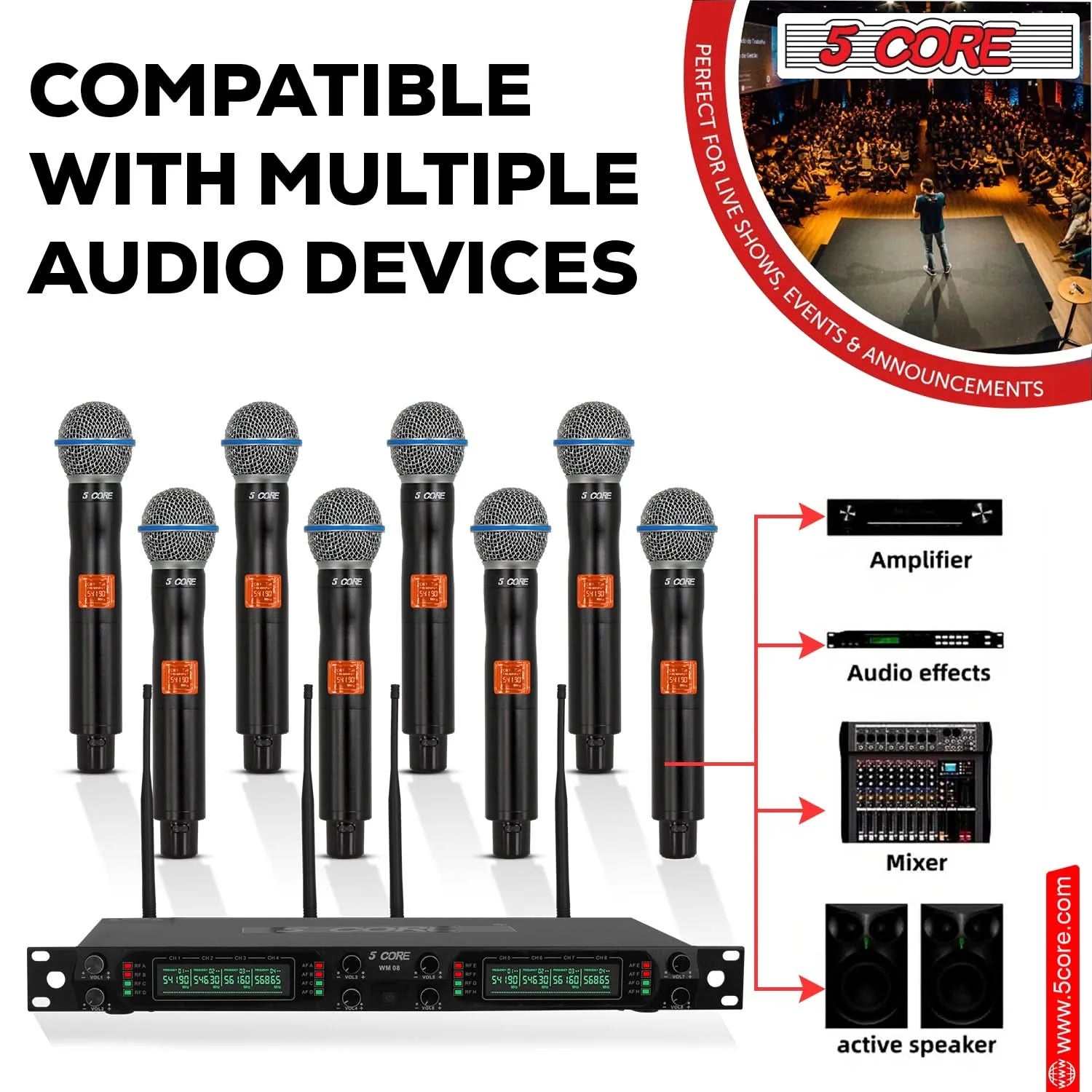 5Core Wireless Microphones 8 Channel Karaoke Professional UHF Singing Mic System Cordless Microfonos