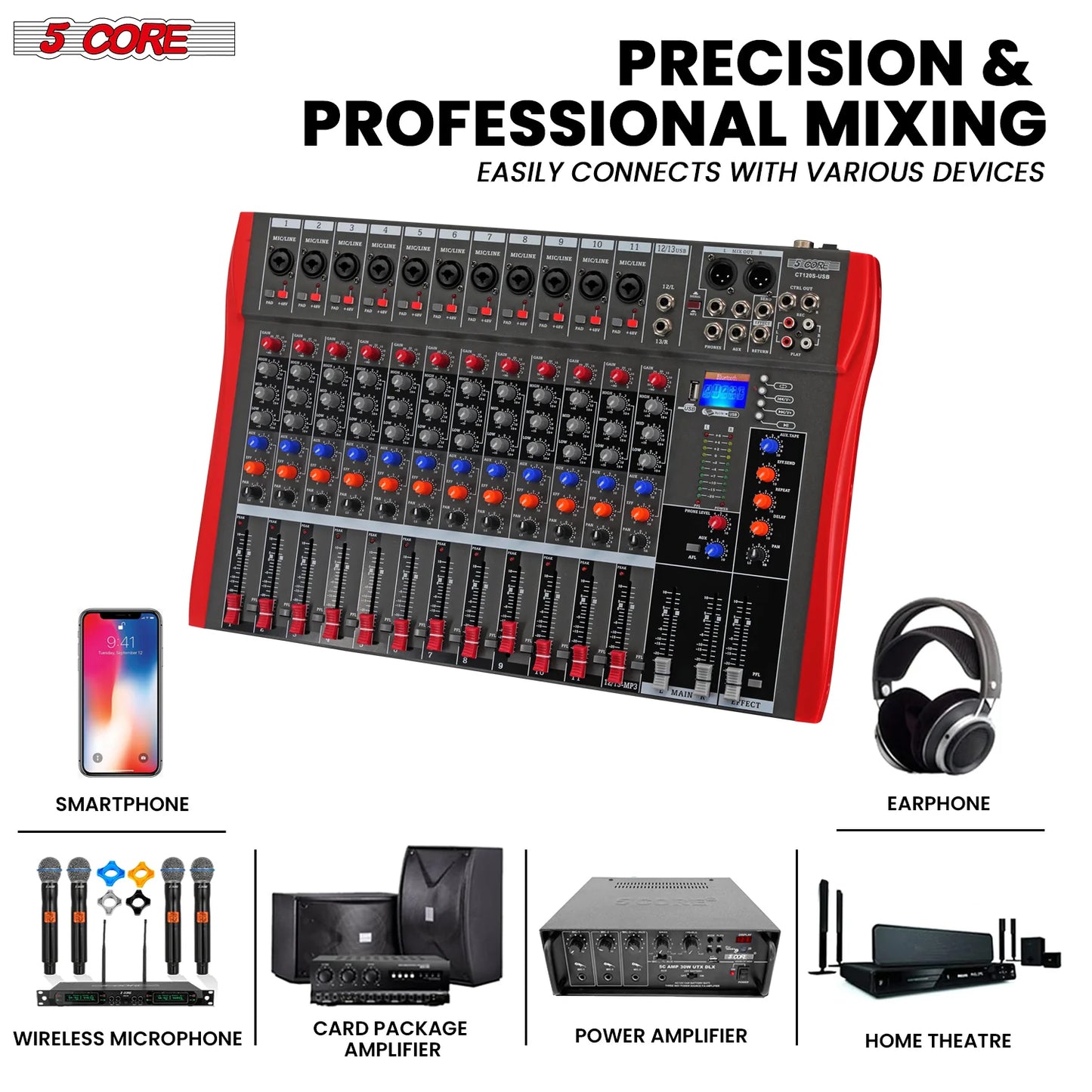 5 Core Audio Mixer 12 Channel DJ Equipment with Bluetooth USB Sound Board Console