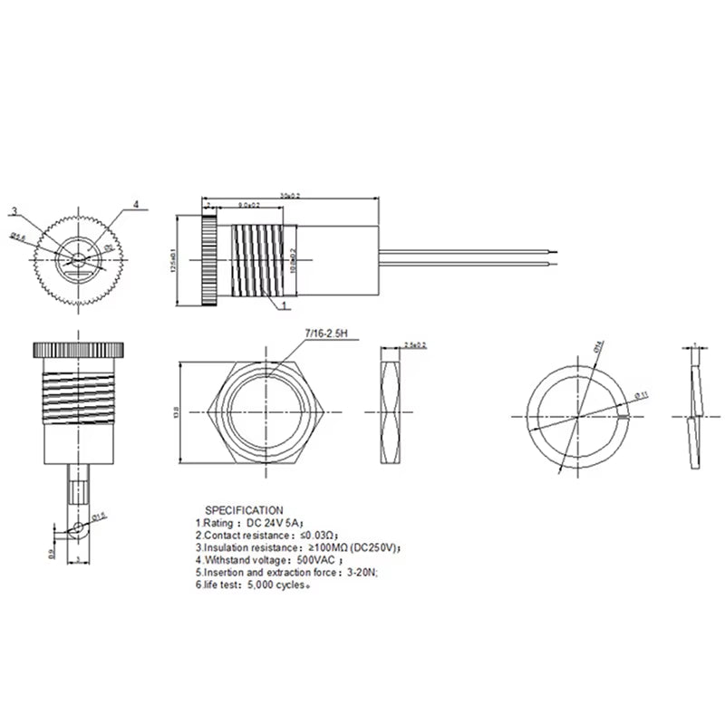 5A IP68 Waterproof 5.5 X 2.1MM 5521/5525 DC Power Socket Female Jack Panel Mount Solder Connector Adapter with Nut Snap