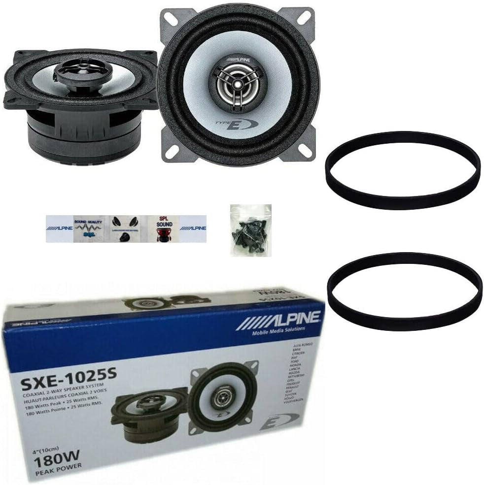 2 Alpine SXE-1025S SXE 1025S Altavoces Coaxiales De 2 Vías 10 Cm 100 Mm 4" 25 Vatios Rms Y 180 Vatios Máx Para Coche Por Par + Anillos, Tornillos Y 5 Stickers Gratis