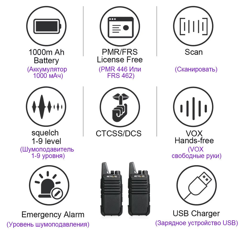 2 Pcs Mini Walkie Talkie PMR 446 Portable Two-Way Radio Ht PTT Walkie-Talkies RT622 Portable Radio for Hunting Cafe RT22