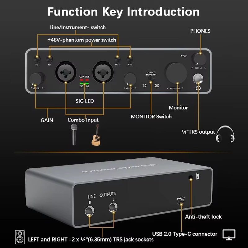 High Quality Support 48V Phantom Power Microphone Studio Sound Card Price Usb M Audio Interface