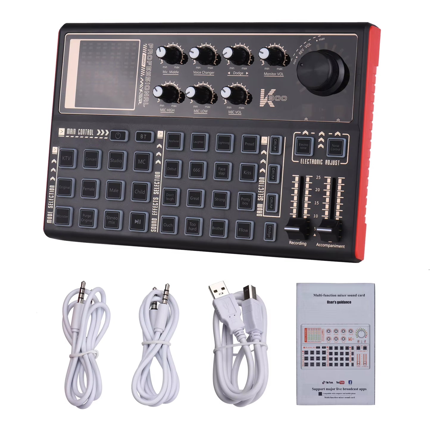 Ammooon K300 Live Sound Card External Voice Changer Audio Mixer Kit Built-In Rechargeable Battery Multiple Sound Effects