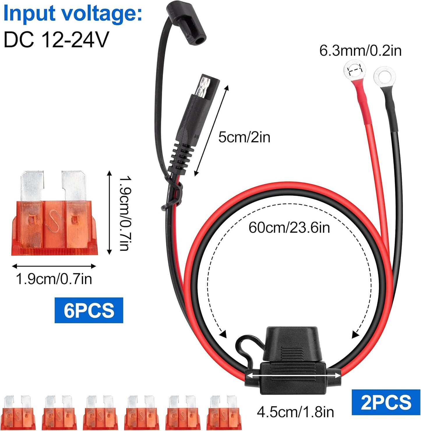 Cable De Conexión SAE 60Cm 16AWG SAE Conectores Con Terminal De Anillo Cable De Extensión De Batería Con Fusible 10A Para Cargar Baterías De Coche Moto 2 Piezas