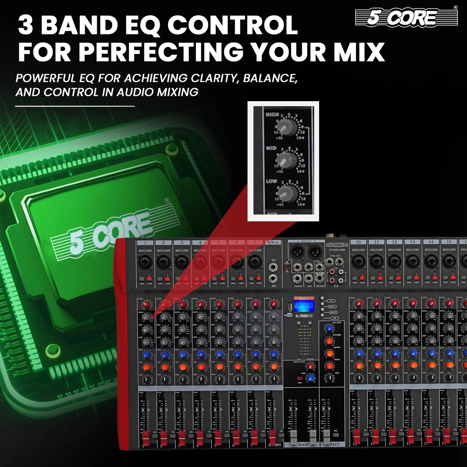 5 Core Audio Mixer 16 Channel DJ Equipment with Bluetooth USB Sound Board Console