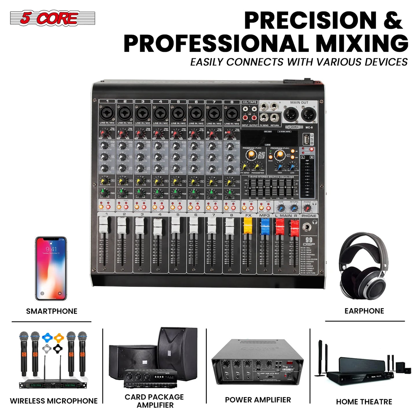 5 Core Audio Mixer 8 Channel DJ Equipment with Bluetooth USB Console Sound Board