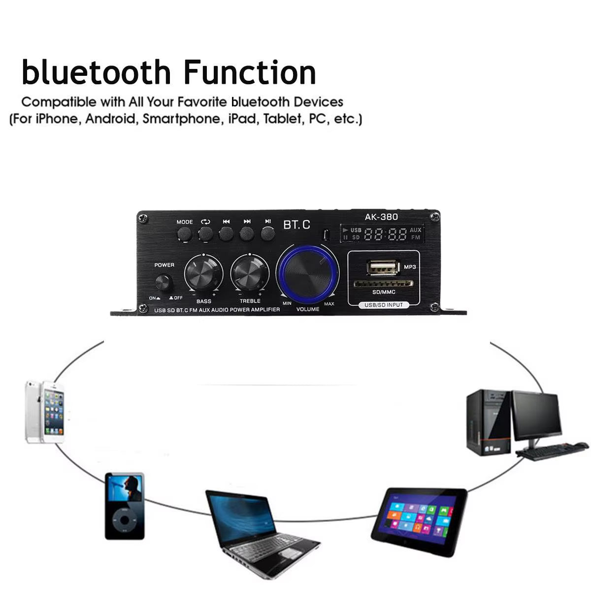 AK380/AK370/AK170 Power Amplifier Audio Karaoke Home Theater Amplifier 2 Channel Bluetooth Class D Amplifier USB/SD AUX Input