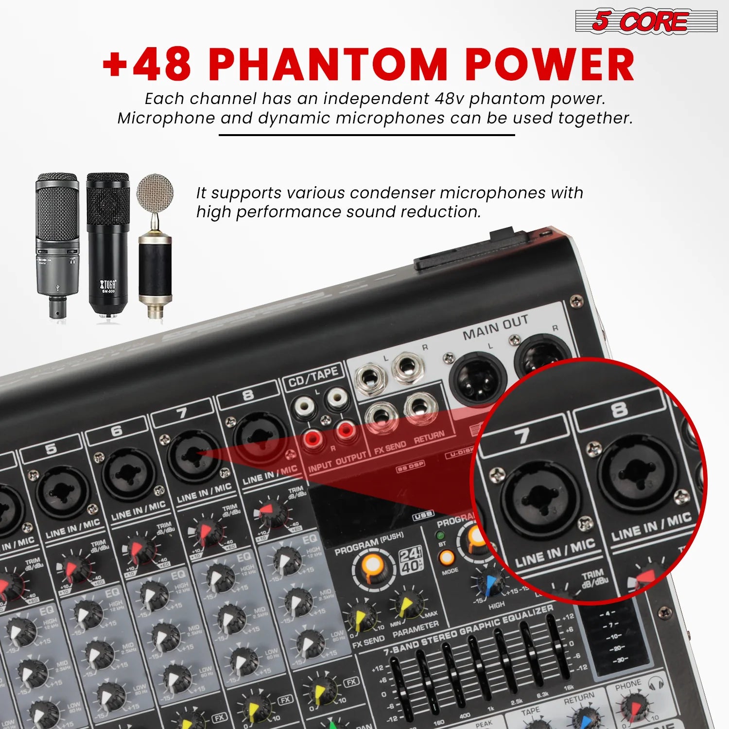 5 Core Audio Mixer 8 Channel DJ Equipment with Bluetooth USB Console Sound Board