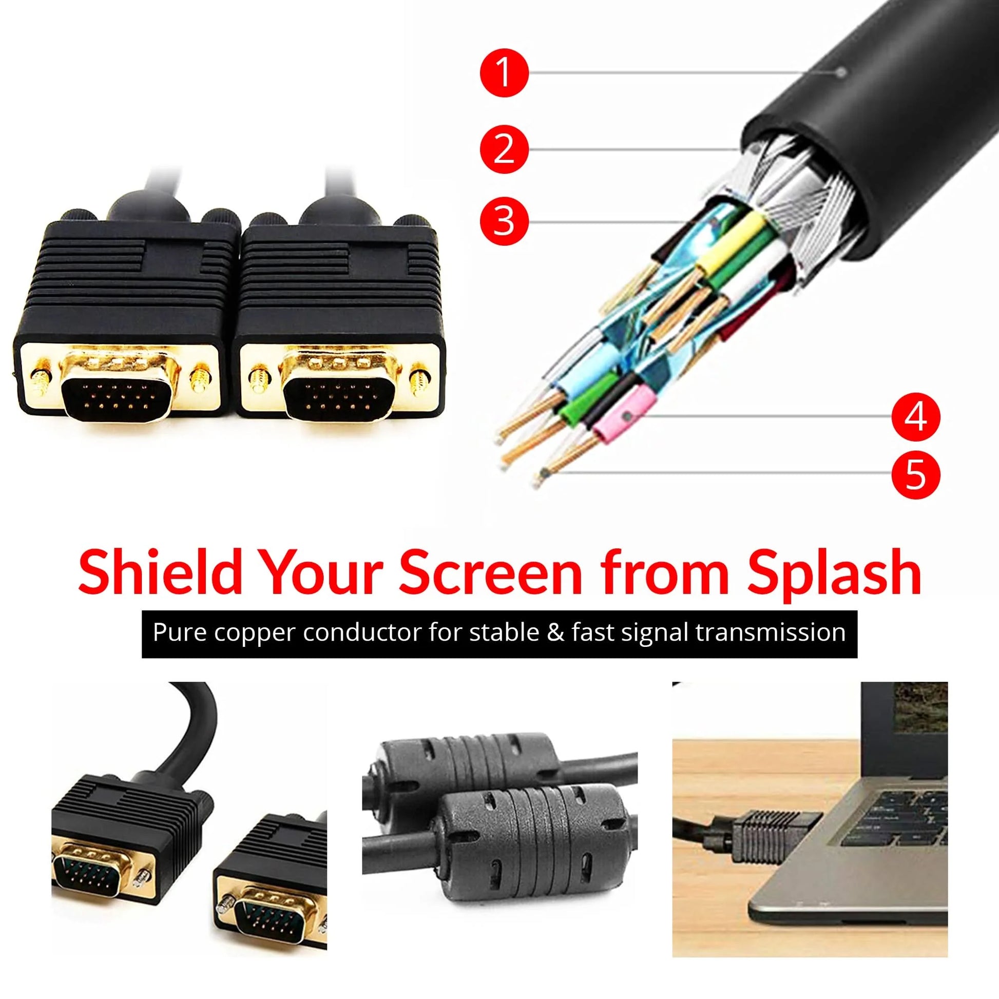 5Core VGA to VGA Cable 6Ft 15 Pin VGA Male to Male Video Transmission Extension Cord