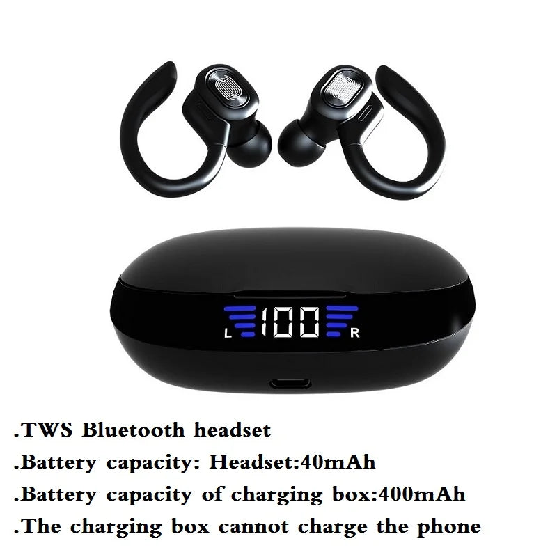 TWS Bluetooth Earphones with Microphones Sport Ear Hook LED Display Wireless Headphones Hifi Stereo Earbuds Waterproof Headsets