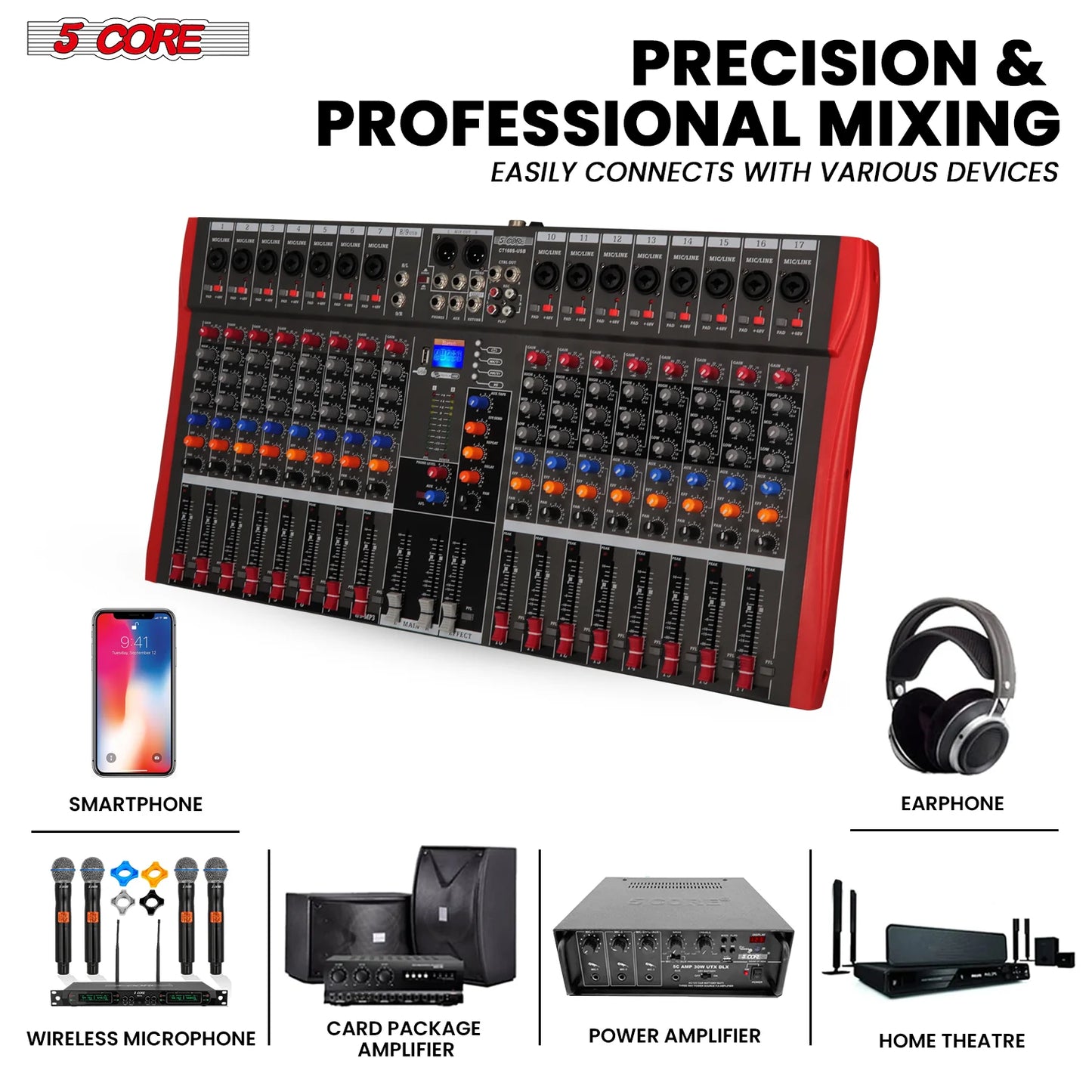 5 Core Audio Mixer 16 Channel DJ Equipment with Bluetooth USB Sound Board Console