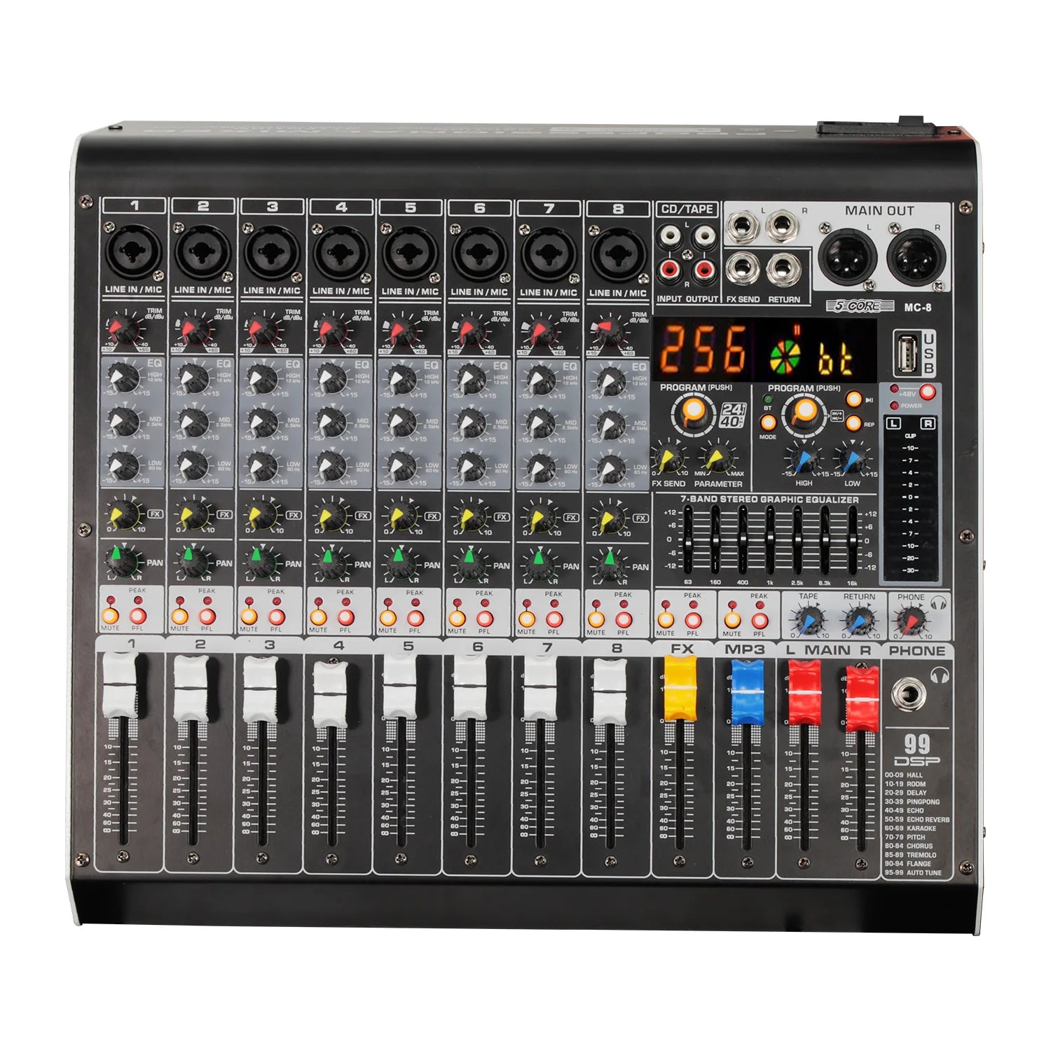 5 Core Audio Mixer 8 Channel DJ Equipment with Bluetooth USB Console Sound Board