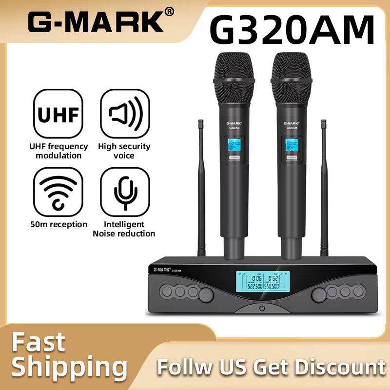 Wireless Microphone  G320AM UHF 2 Channels Karaoke Handheld Frequency Adjustable for Party Stage Show 50M Use Distance